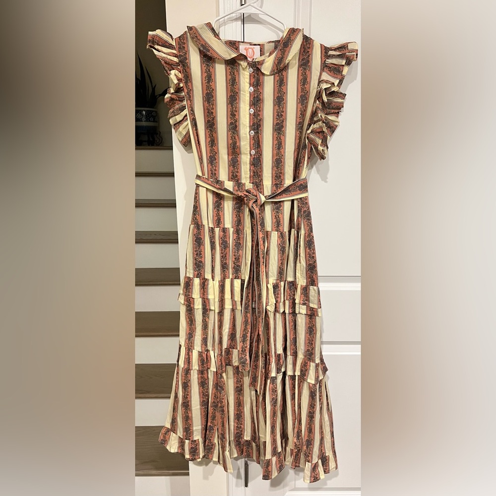 Victoria Dunn Floral Striped Dress in Cream and Brown